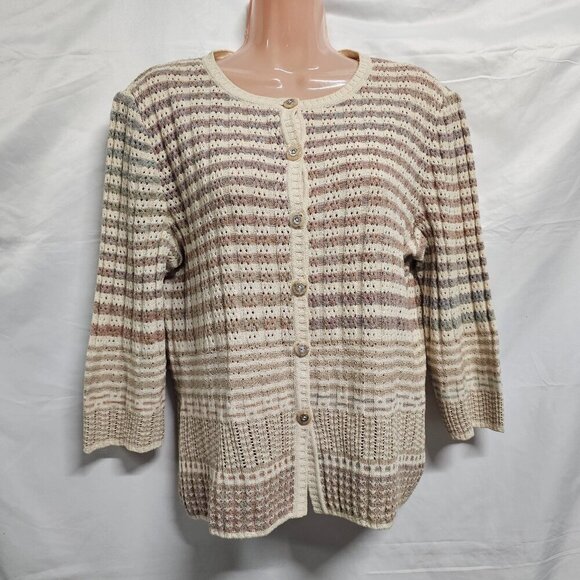 St. John Sport Button Up 3/4 Sleeve Heathered Women Size L Striped - Picture 3 of 16